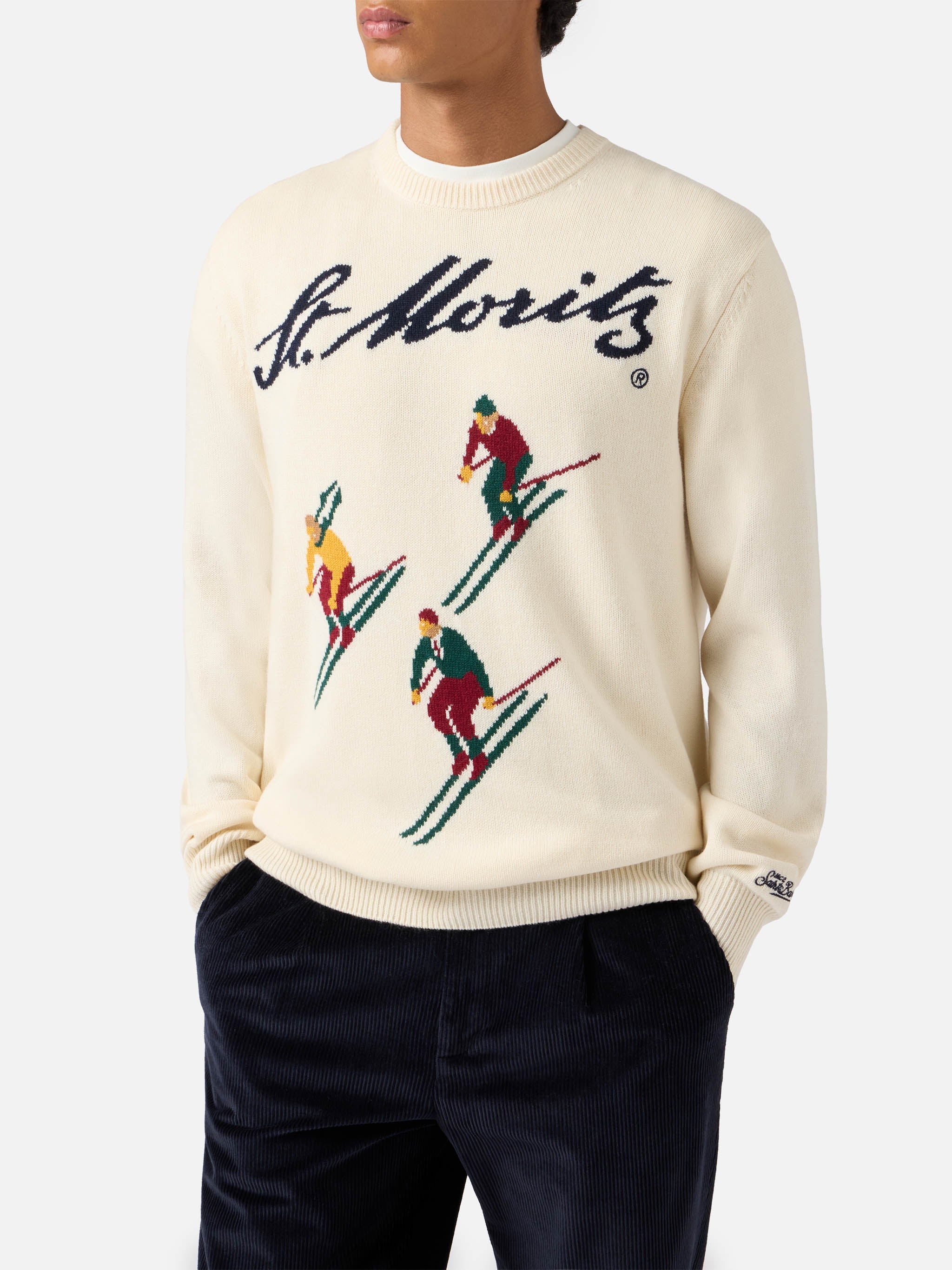 Heron crewneck in white with St. Moritz Ski postcard jacquard