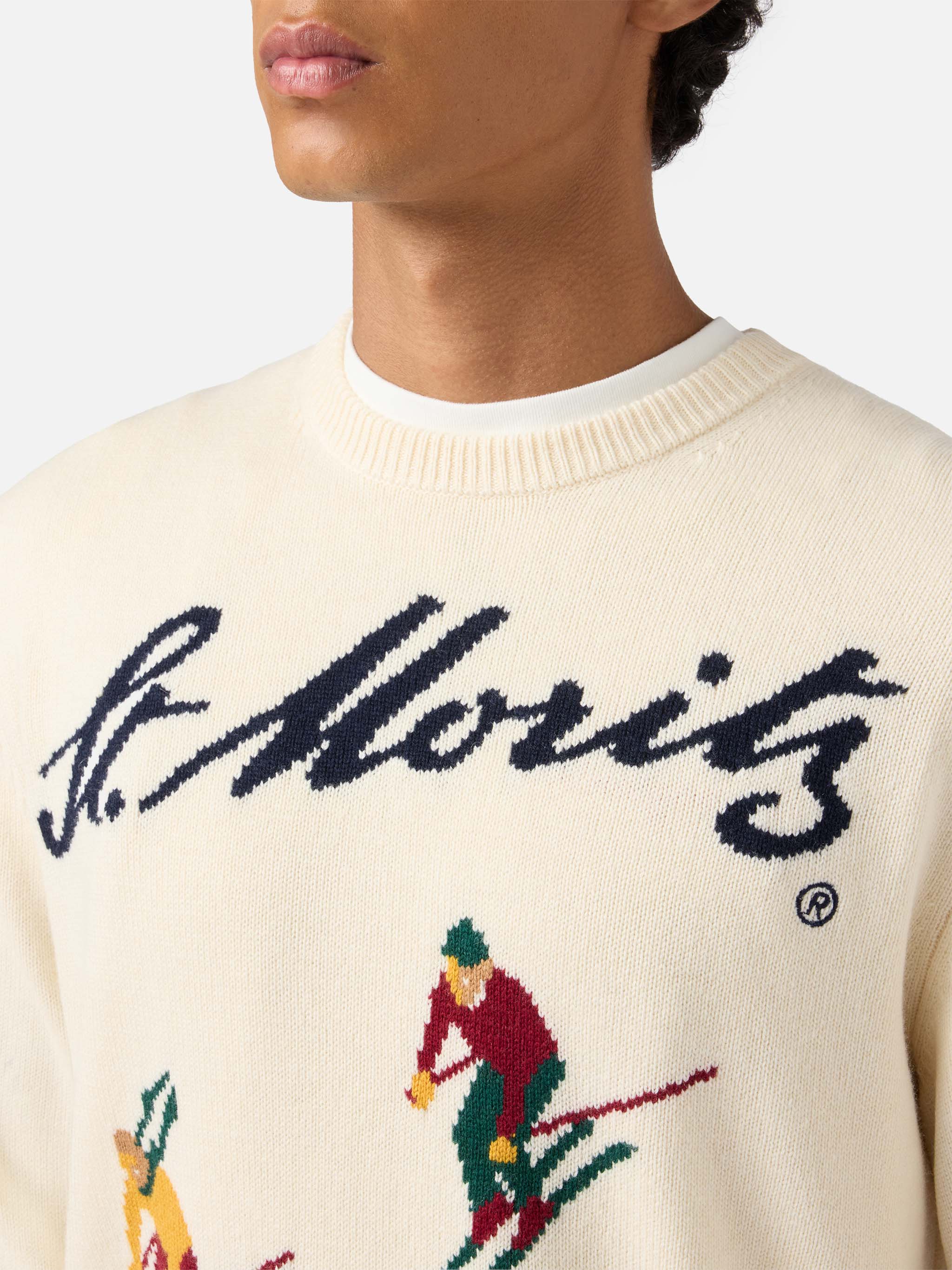 Heron crewneck in white with St. Moritz Ski postcard jacquard