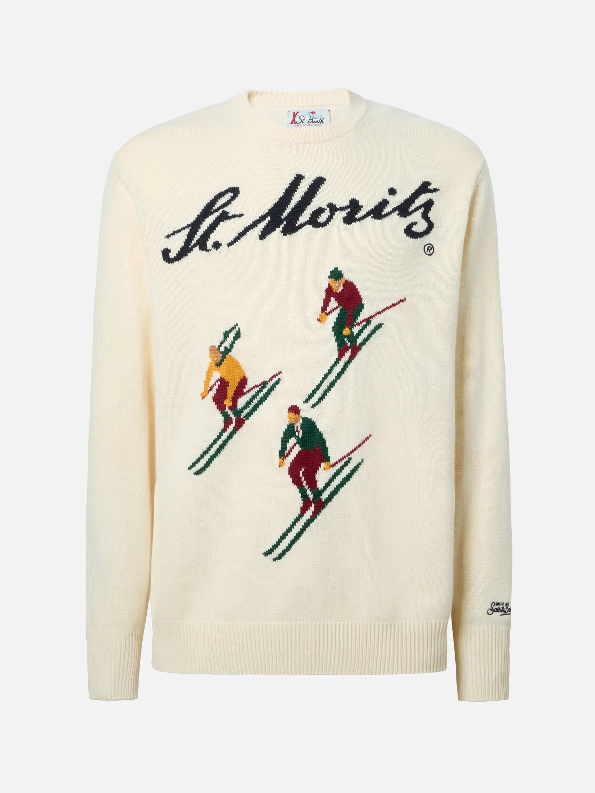 Heron crewneck in white with St. Moritz Ski postcard jacquard