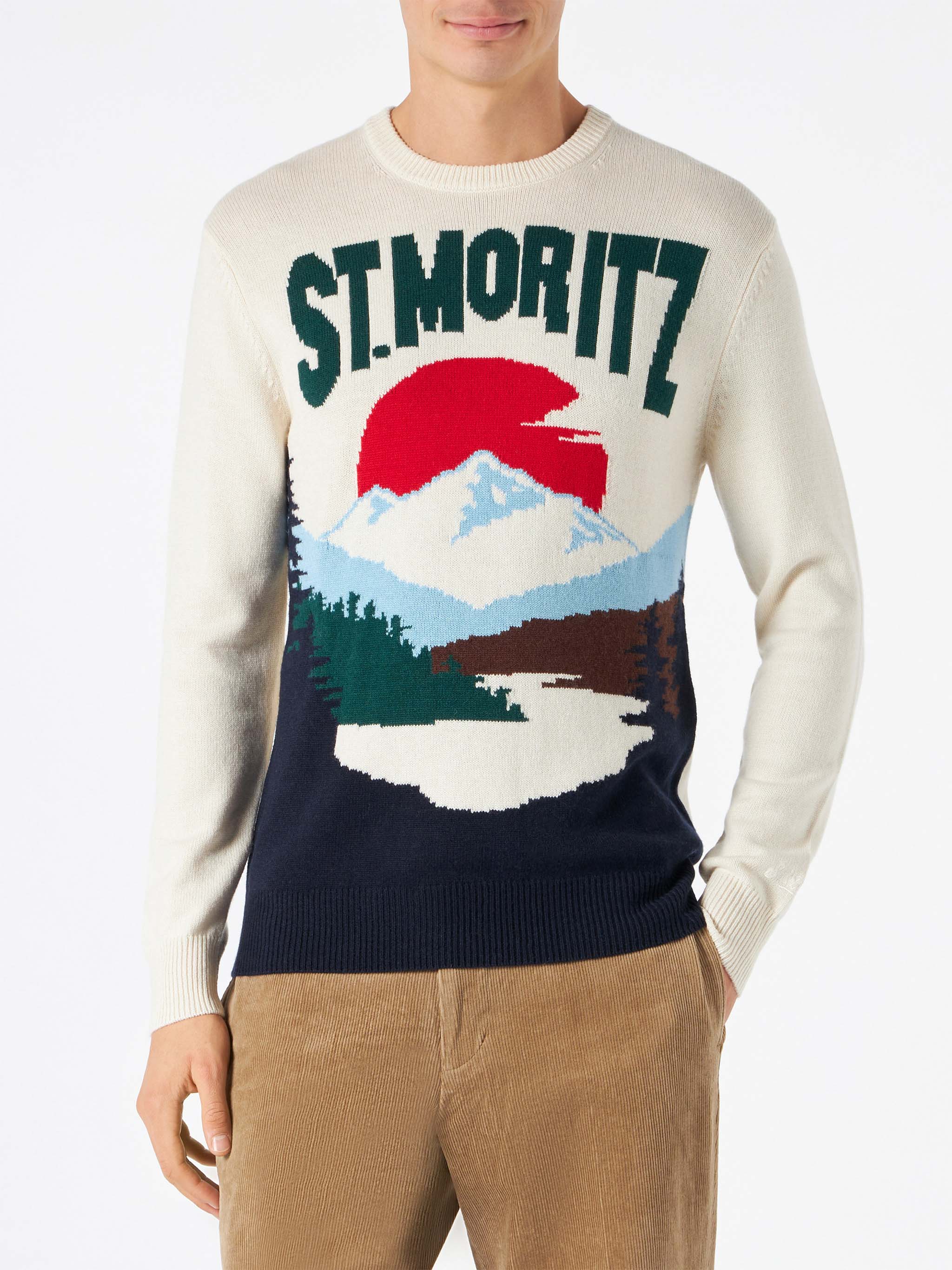 Crewneck sweater Heron with St. Moritz postcard jacquard