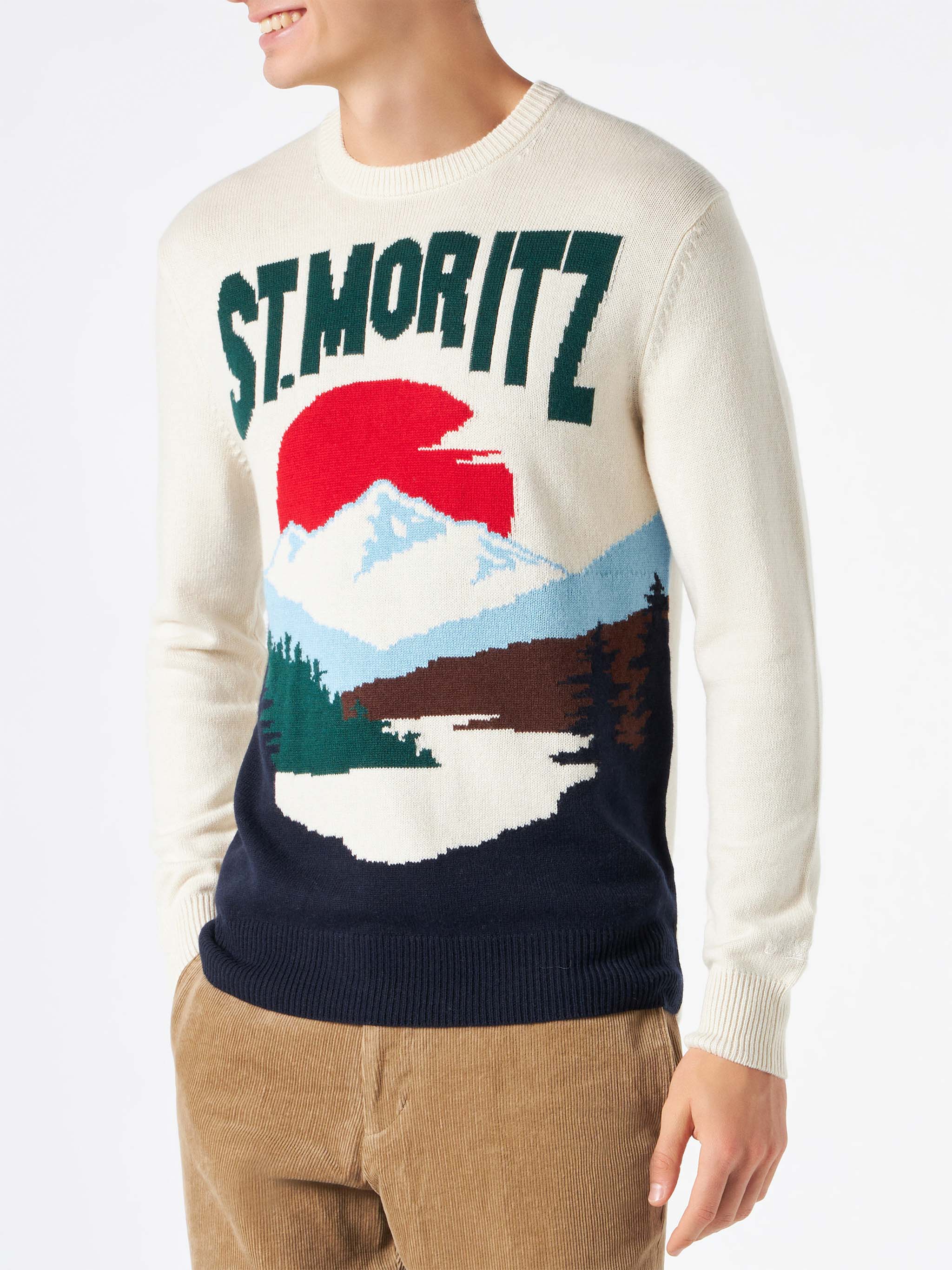 Crewneck sweater Heron with St. Moritz postcard jacquard